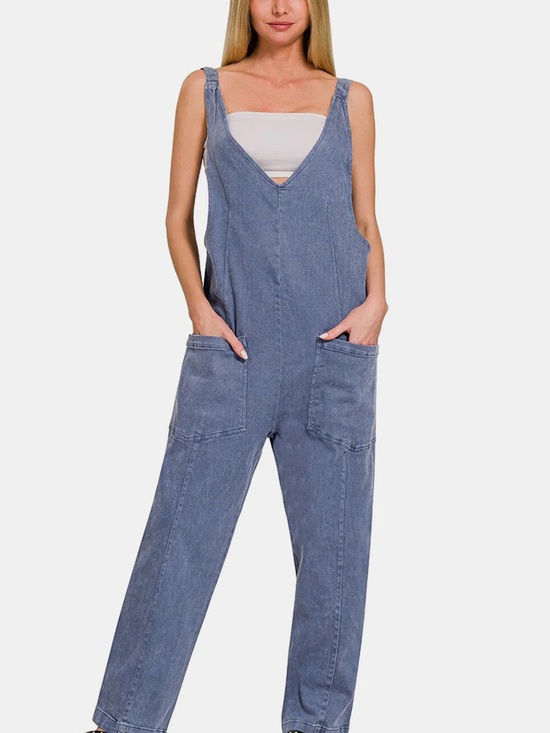 Zenana Outfitters Denim - Zenana Outfitters Women's Slate Blue Denim Pocketed Wide Strap Romper Jumpsuit M
